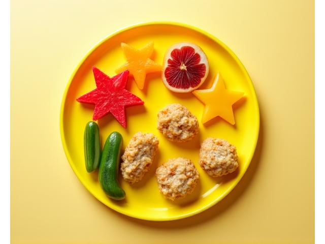 Assiette colorée de repas pour enfant, avec des légumes découpés en formes amusantes et une source de protéines attrayante.