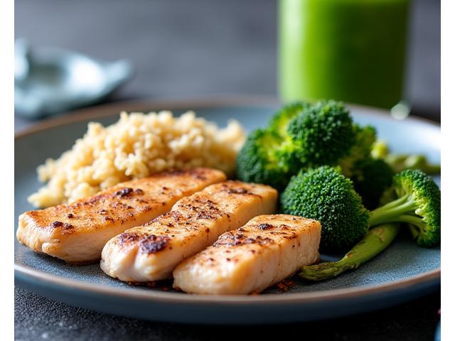 Bols de repas préparés pour athlètes, riches en protéines et glucides complexes, avec une bouteille d'eau et une serviette de sport.