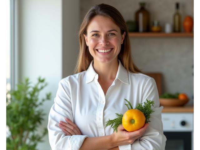 Portrait d'une nutritionniste souriante, dans un cadre professionnel et lumineux.