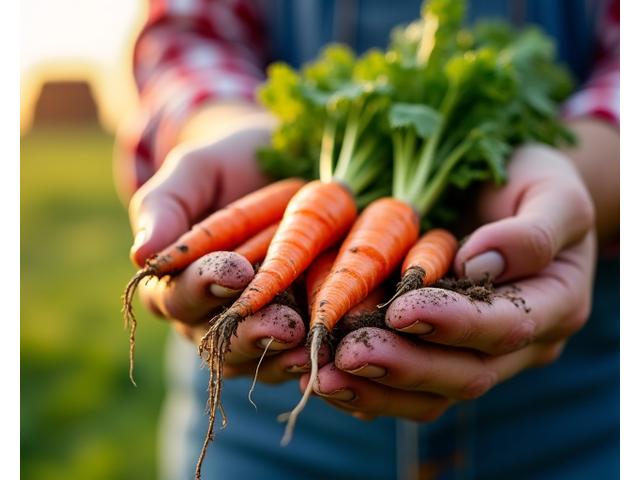 Mains d'un producteur tenant des légumes frais et de la terre, symbolisant l'agriculture biologique locale.