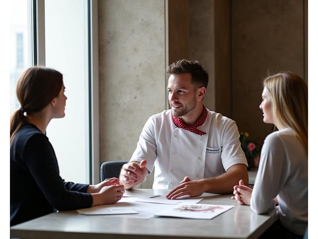 Chef discutant avec un couple dans un bureau élégant