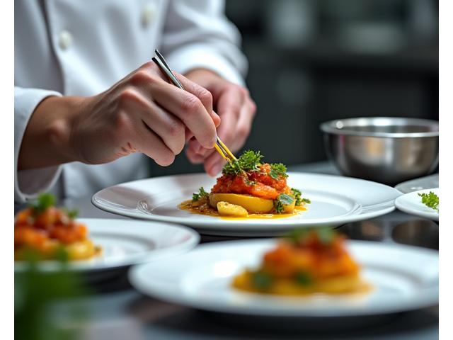 Chef dressant un plat gourmet avec précision
