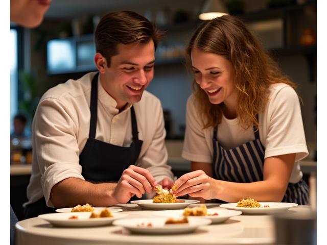 Couple dégustant un plat avec un chef attentivement