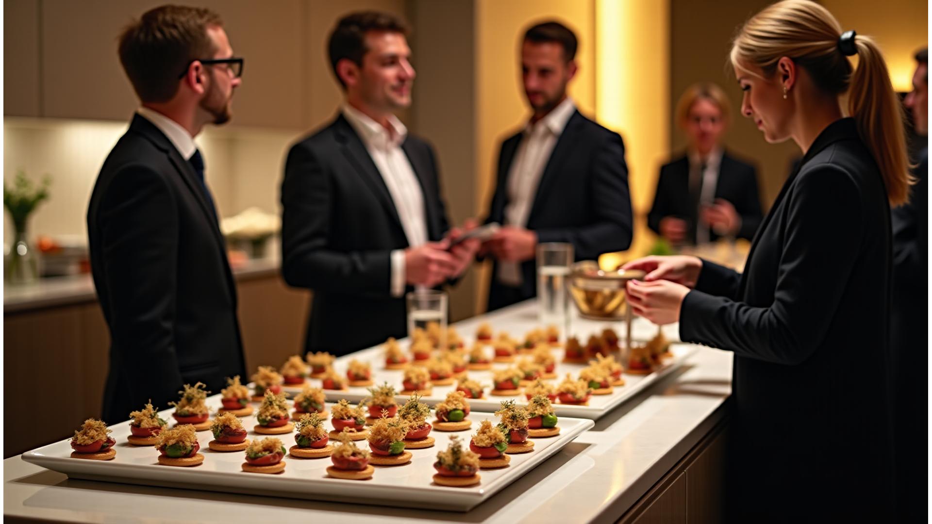 Réception d'entreprise élégante avec buffet haut de gamme